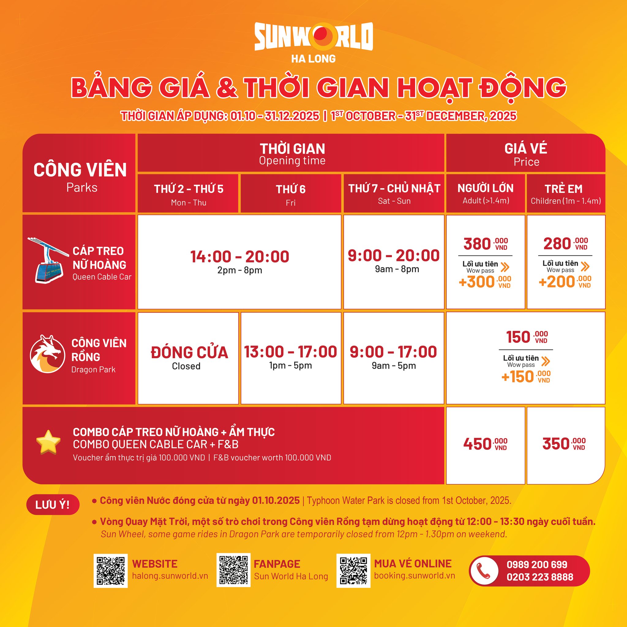 BẢNG GIÁ VÉ THAM QUAN SUNWORLD HẠ LONG