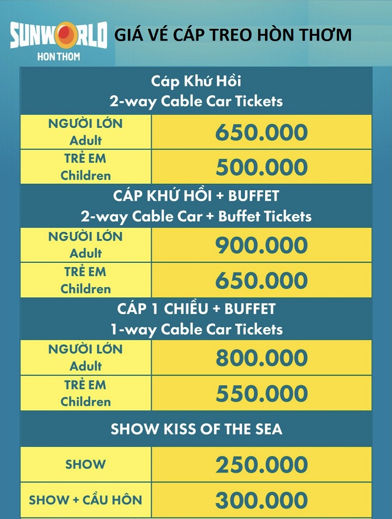 BẢNG GIÁ VÉ THAM QUAN SUNWORLD HÒN THƠM