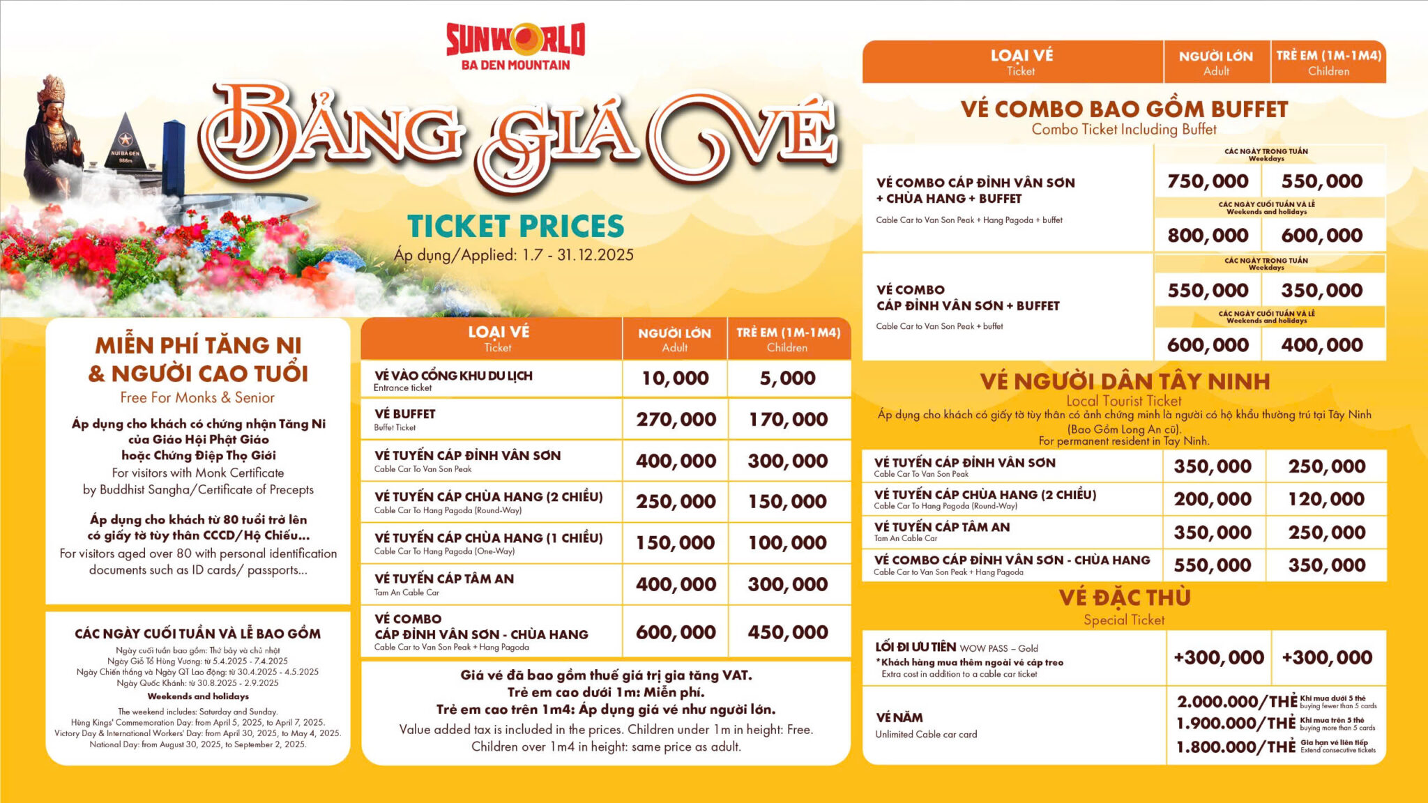 BẢNG GIÁ VÉ THAM QUAN SUNWORLD BA DEN MOUNTAIN