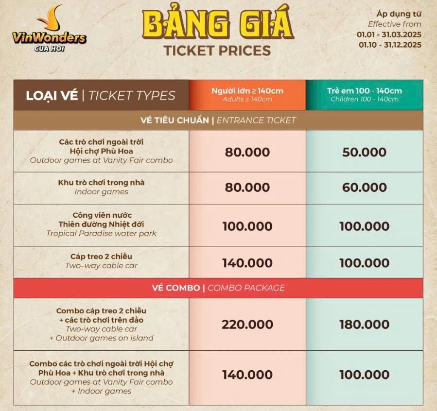 BẢNG GIÁ VÉ THAM QUAN VINWONDERS CỬA HỘI