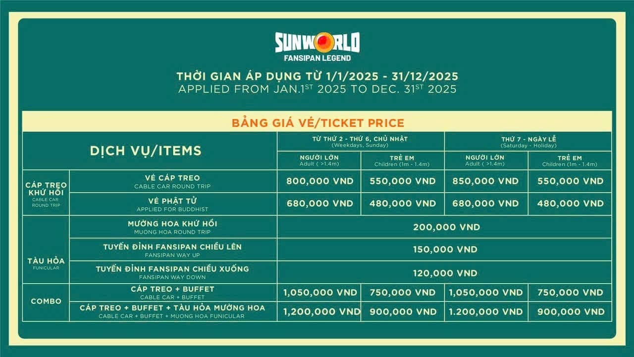 BẢNG GIÁ VÉ THAM QUAN SUNWORLD FANSIPAN